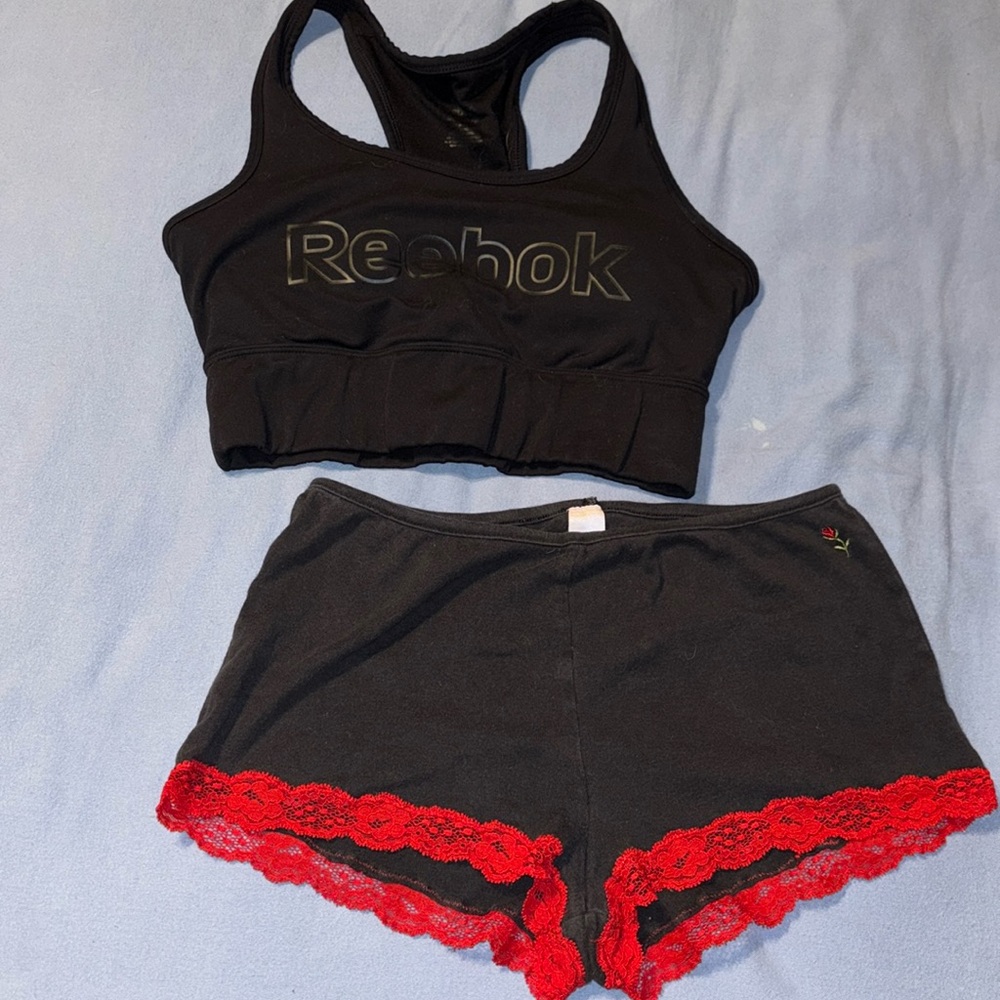 Women lounge shorts with red trimming 
Reebok sport bra small